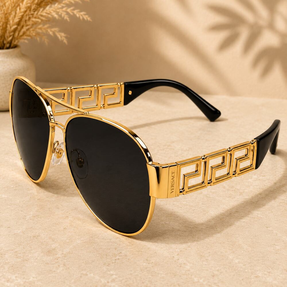 Versace VE2289 Gold Aviator Sunglasses Grey Lenses Greca Temple - Picture 2 of 4